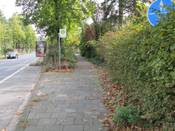 Bild 1: Der Geh-/ Radweg ist zu schmal und zudem durch Pflanzenbewuchs stark eingeengt. Bild 1: Der Geh-/ Radweg ist zu schmal und zudem durch Pflanzenbewuchs stark eingeengt.